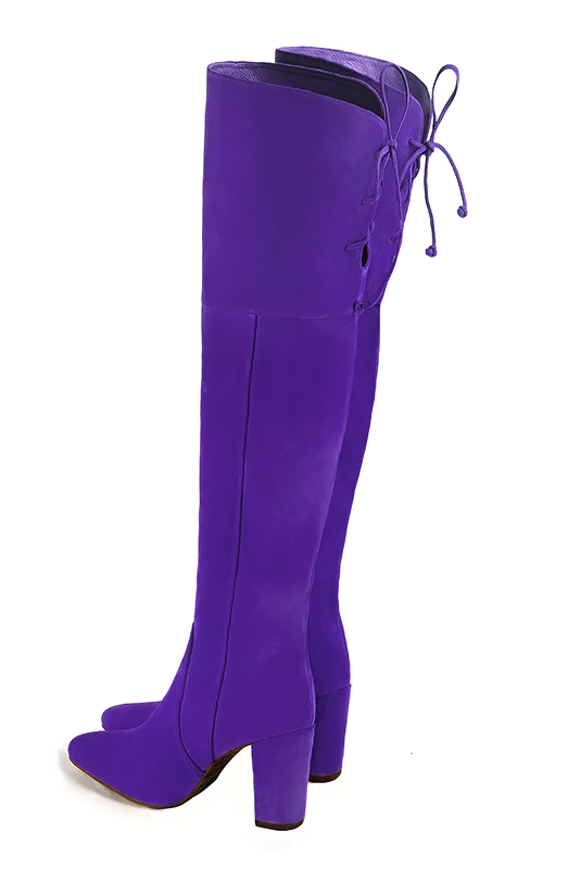 Women's violet purple custom-made thigh-high boots with round toe and high block heel - Rear view